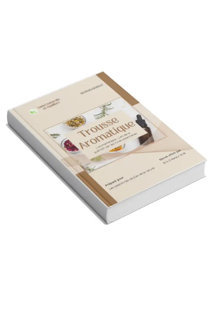 Trousse aromatique - 15 huiles essentielles décryptées avec flacons, plantes médicinales et livre ouvert sur fond brun nature. Guide pratique par Eric Créateur SNB